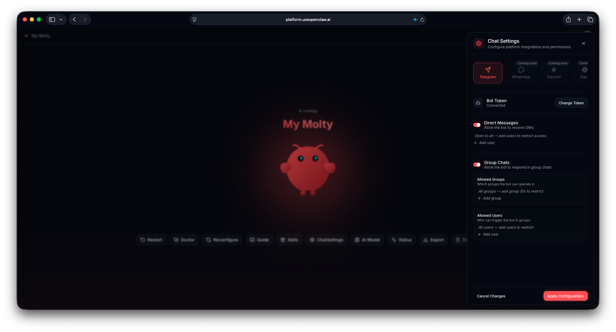Chat Settings drawer showing Telegram configuration